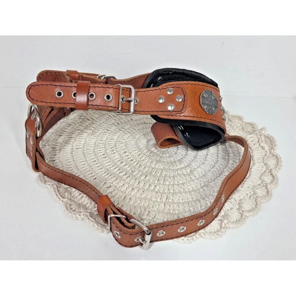 BESTIA The ''Maximus'' Dog Collar Harness Genuine Leather Brown Silver S-M EUC *